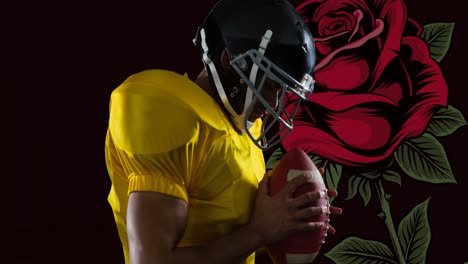 Animation-of-male-american-football-player-with-ball-over-red-rose-on-black-background