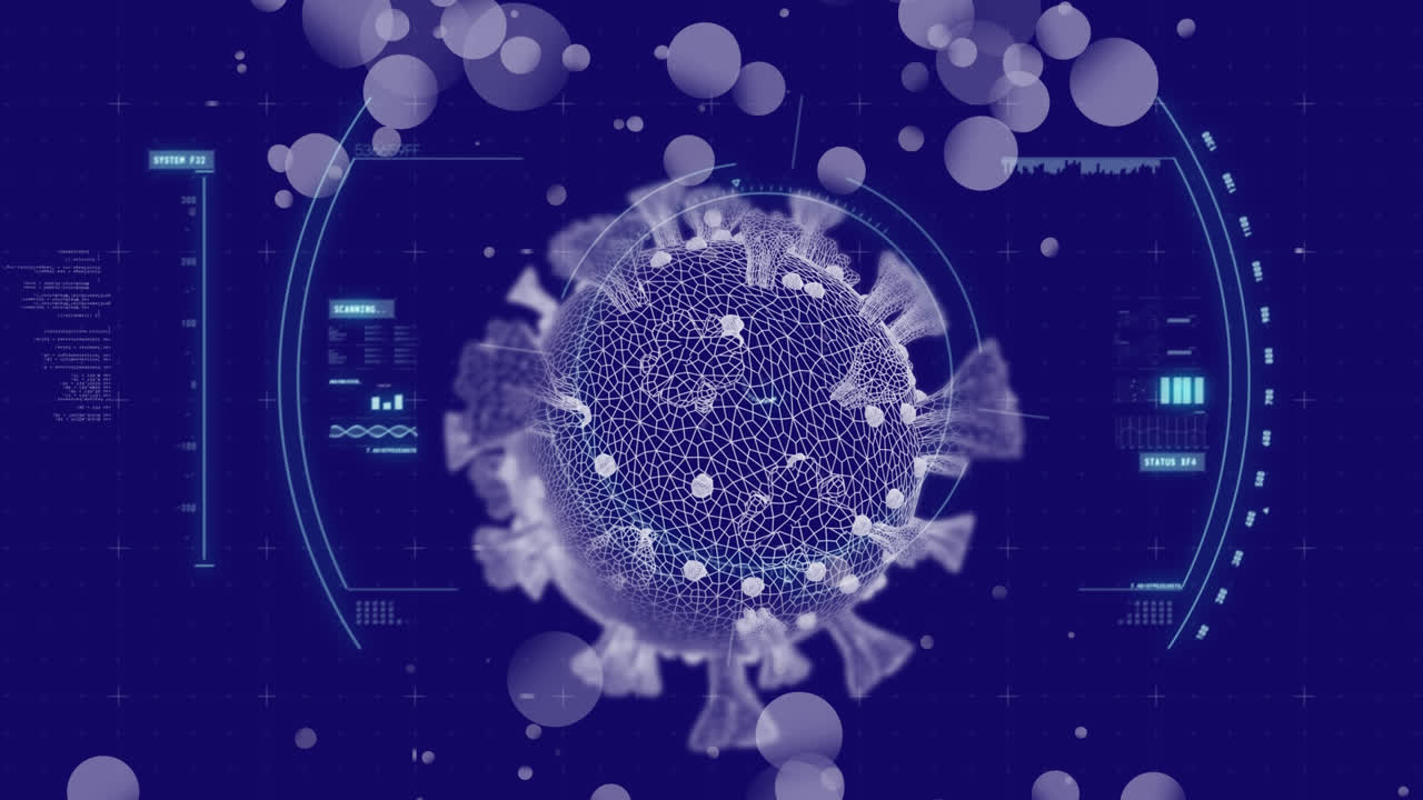 animación de una célula de covid-19 girando con escaneo de alcance en fondo azul