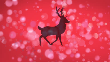 manchas rosadas de luz sobre silueta negra de renos caminando contra un fondo rojo
