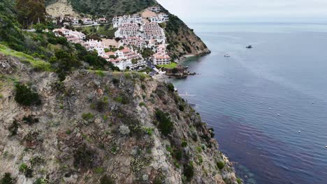 avalon en la isla de catalina con un paisaje exuberante y el océano, vista aérea