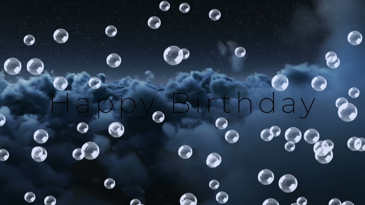 행복한 생일 텍스트와 비누 거품의 애니메이션 구름진 하늘 위