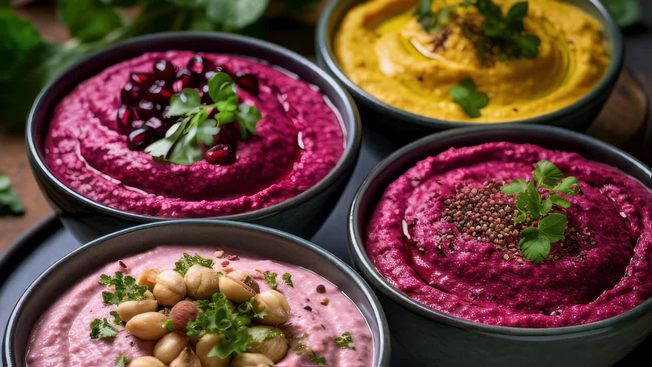 Four bowls of vibrant hummus variations, including beetroot, turmeric, and classic flavors, garnished with fresh herbs, pomegranate seeds, and spices, creating a colorful appetizer