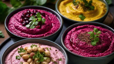 four bowls of vibrant hummus variations, including beetroot, turmeric, and classic flavors, garnished with fresh herbs, pomegranate seeds, and spices, creating a colorful appetizer