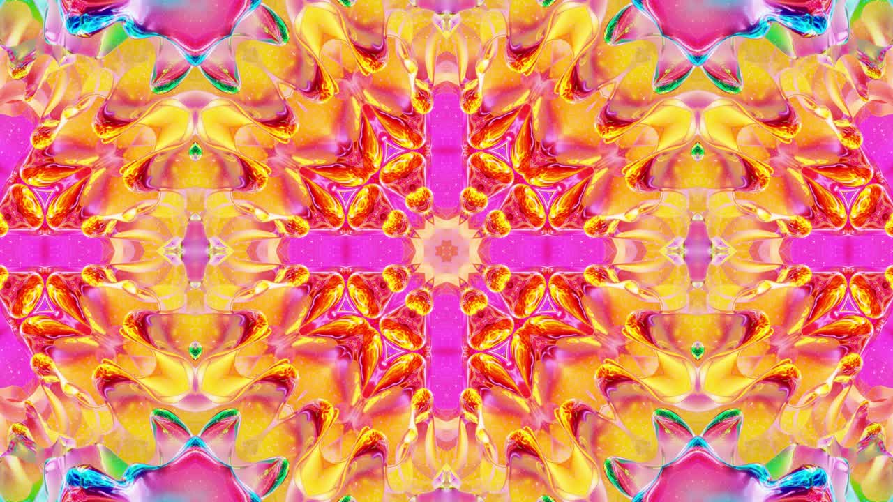 patrón ondulado líquido como el caleidoscopio con olas o mandala, gradiente multicolor. 3d elegante abstracto en bucle bg, estructura simétrica ondulada de líquido brillante. animación fluida colorida de moda 4k.