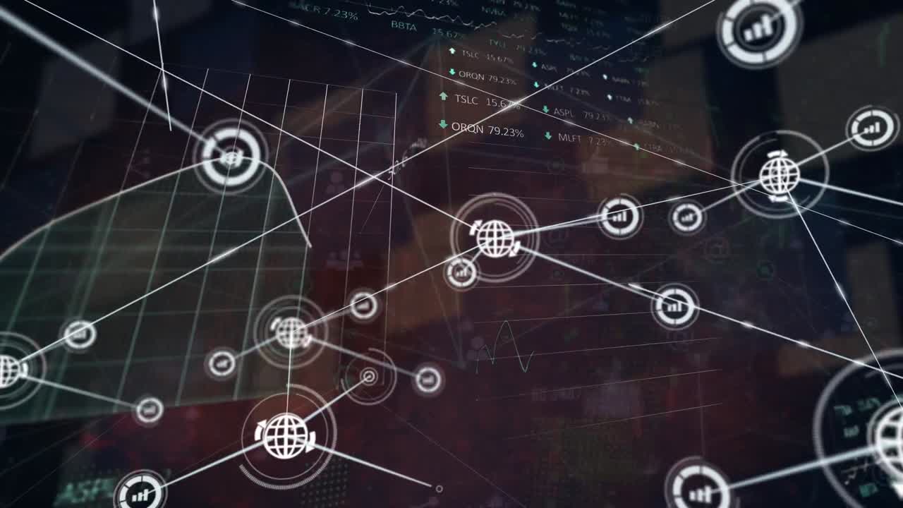 Animation of network of connections with icons over data processing