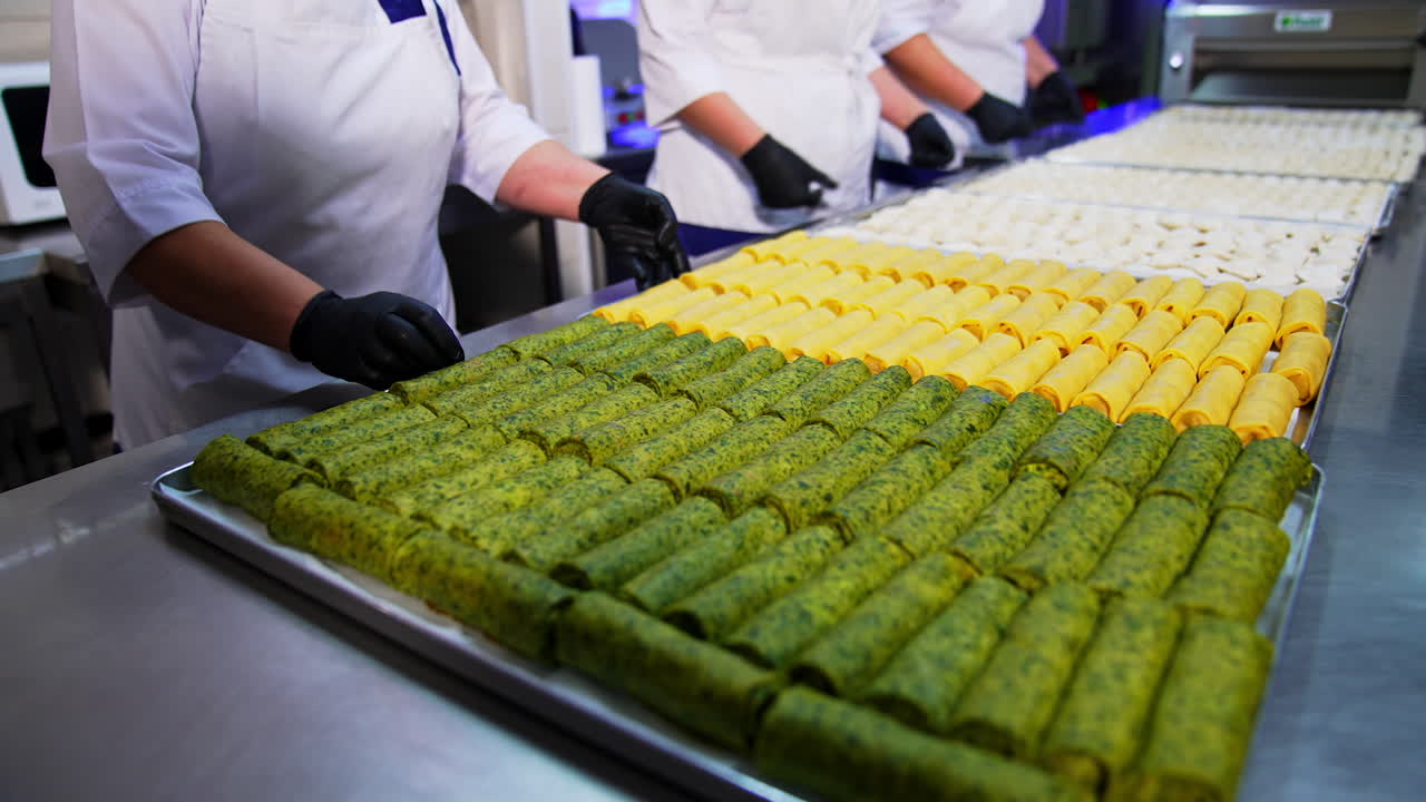 Three cooks put the big trays with semi-cooked food on the metal table. Stuffed pancakes and meat ravioli manufactured at food factory.