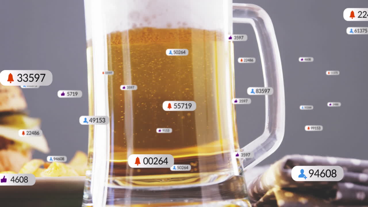 Beer mug surrounded by floating numerical data and alert icons animation