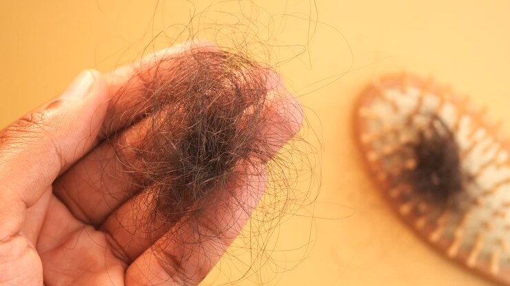 A person holding a clump of hair in their hand, hair loss