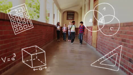 animación de iconos de artículos escolares sobre diversos escolares que caminan