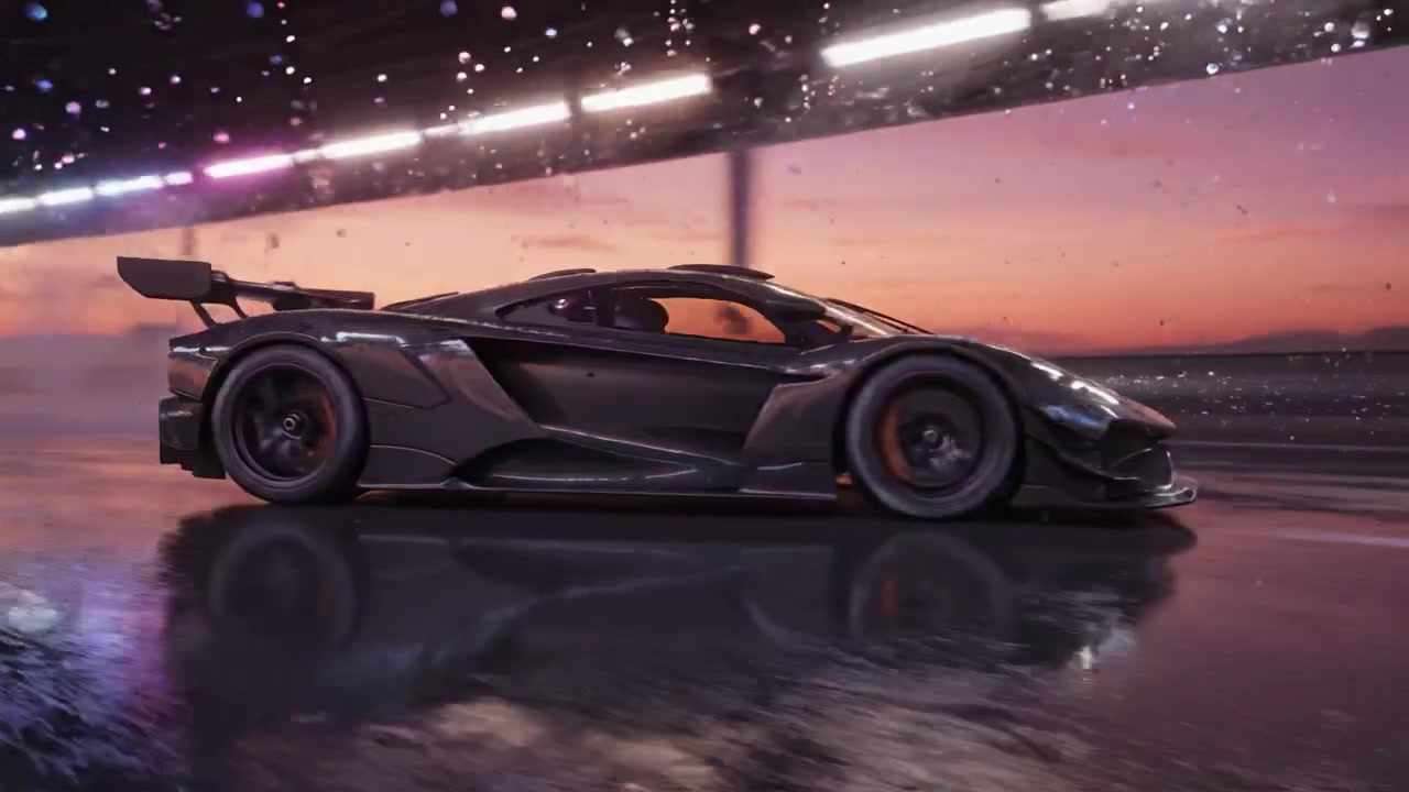 Supercar ad Alte Prestazioni che Sfreccia Attraverso un Sottopassaggio Bagnato dalla Pioggia al Tramonto, Mostrando Potenza e Design con Riflessi e Luci Vivaci