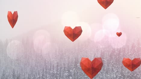 animation of heart icons over fir trees