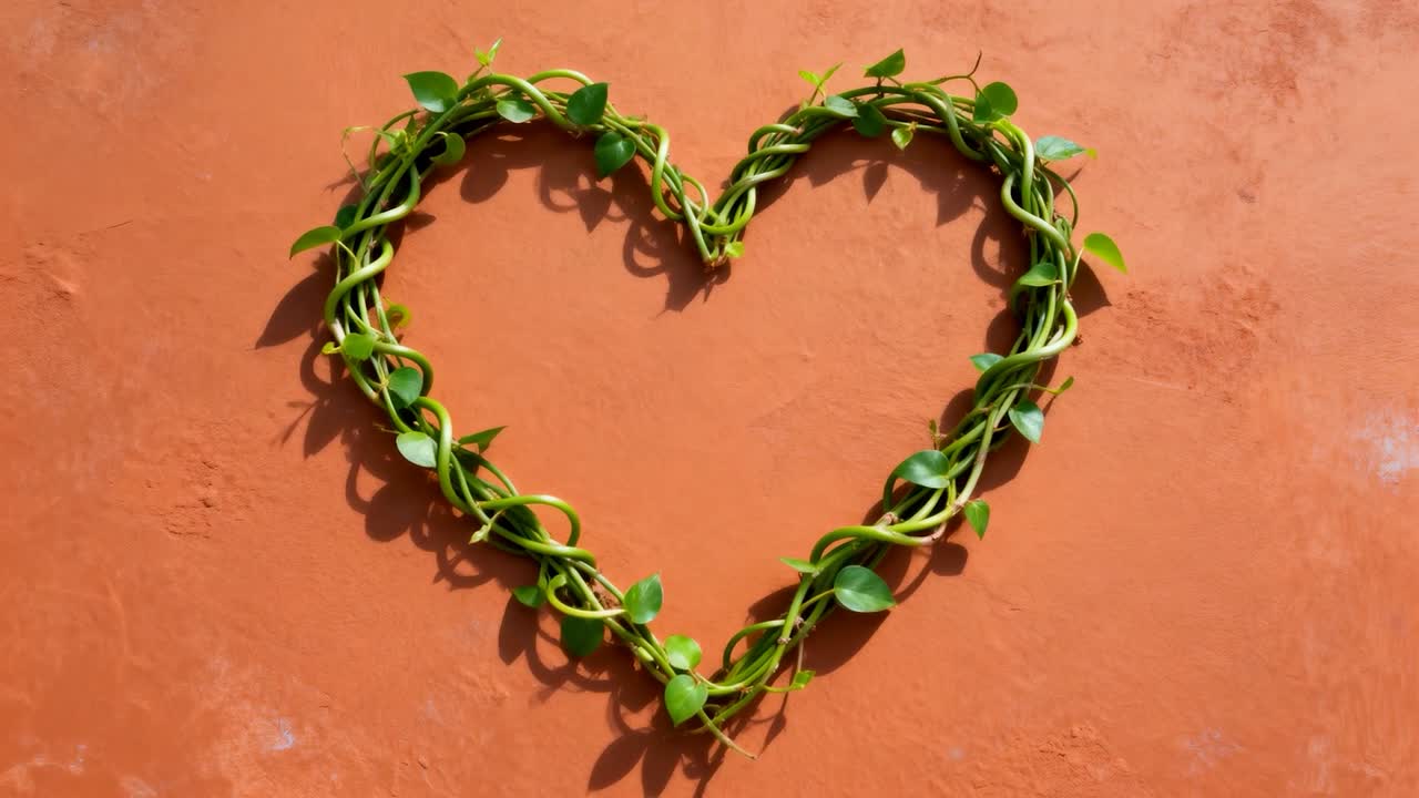 Swaying braided green vine heart showing leaf and tendril shifting on terracotta wall, from breeze