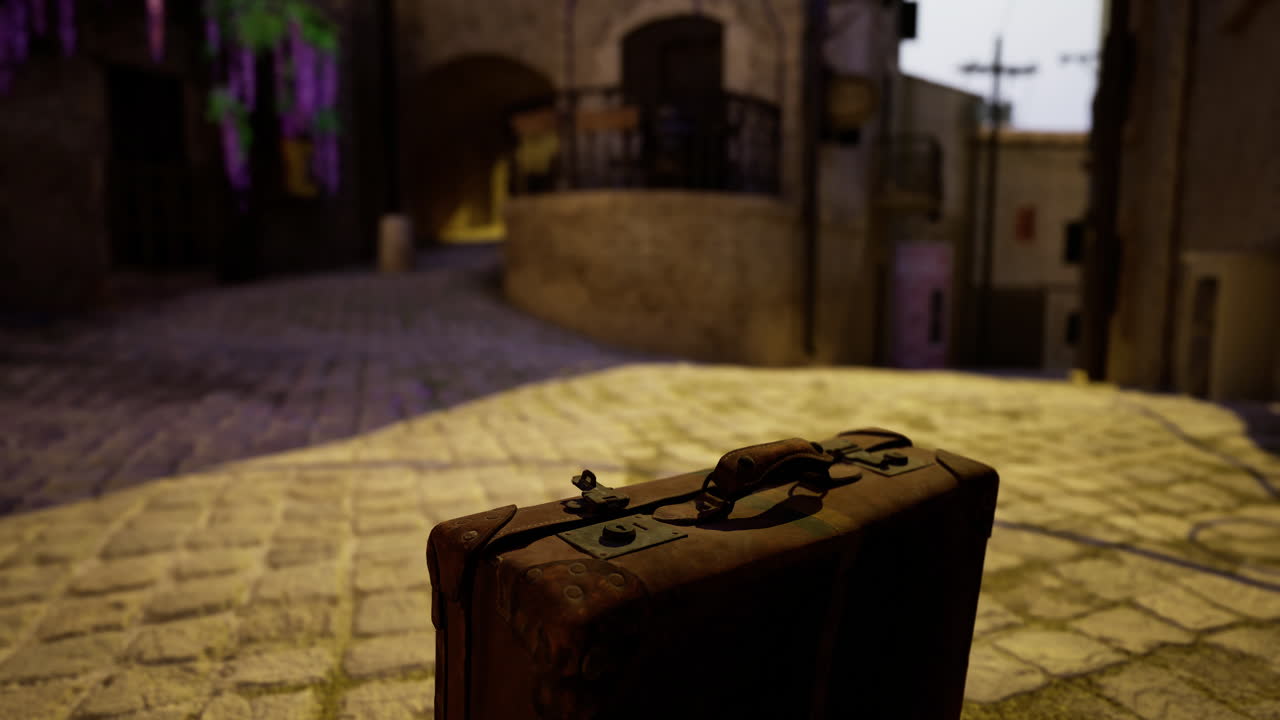 Suitcase resting on cobblestone path in quiet evening alleyway