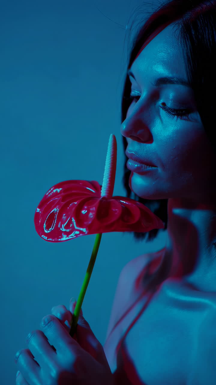 Woman Holding a Red Anthurium Flower in Blue and Pink Light