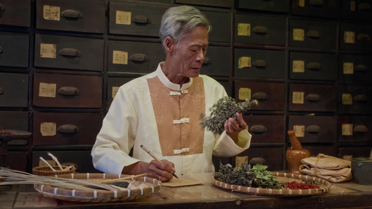 Serious Druggist Checking Dried Herbs at Apothecary