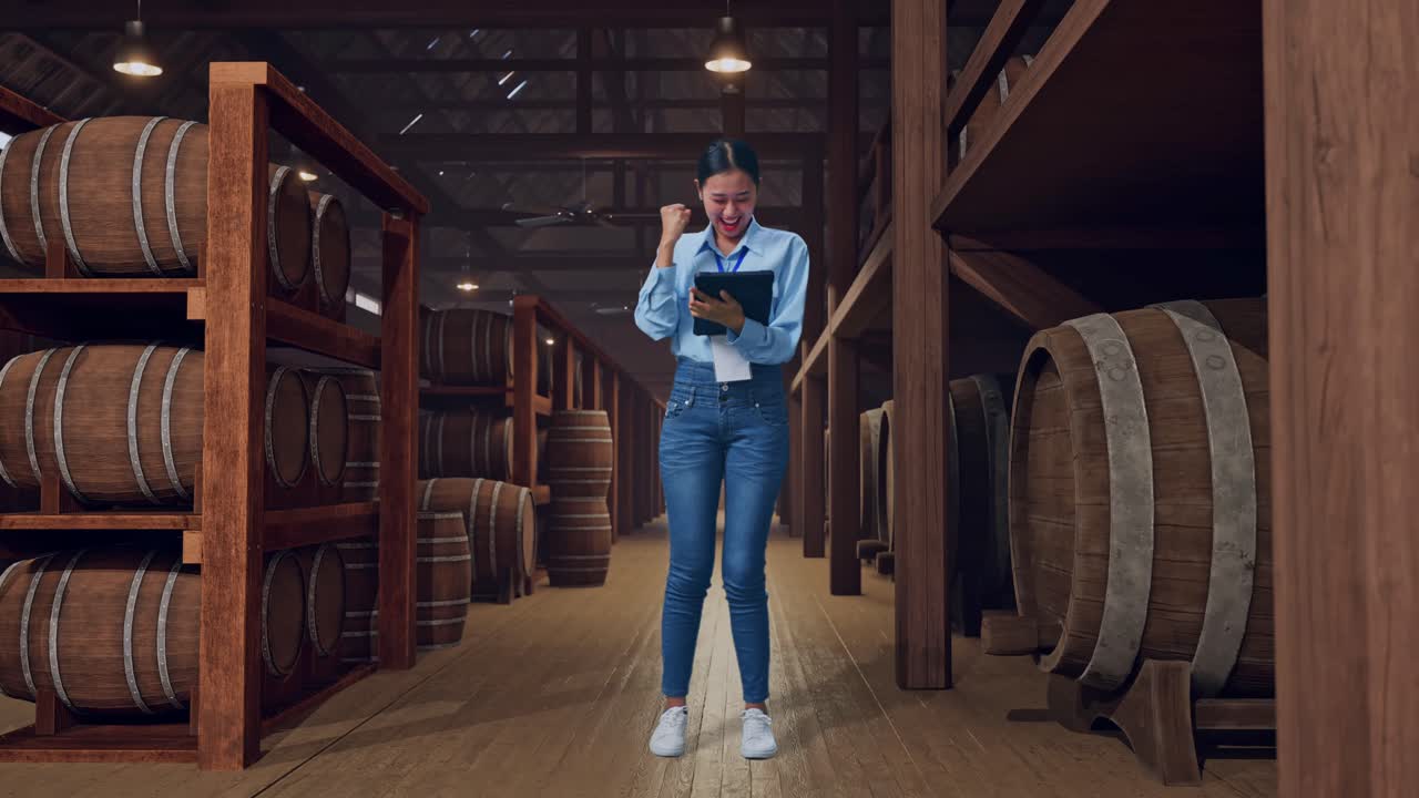 Full Body Of An Asian Female Professional Worker Standing With Her Tablet In Cellar Of Winery, She Raises Her Fist Up With Screaming Goal After Typed On The Tablet