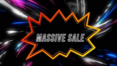 Animation-of-massive-sale-over-shape-and-lights-on-black-background