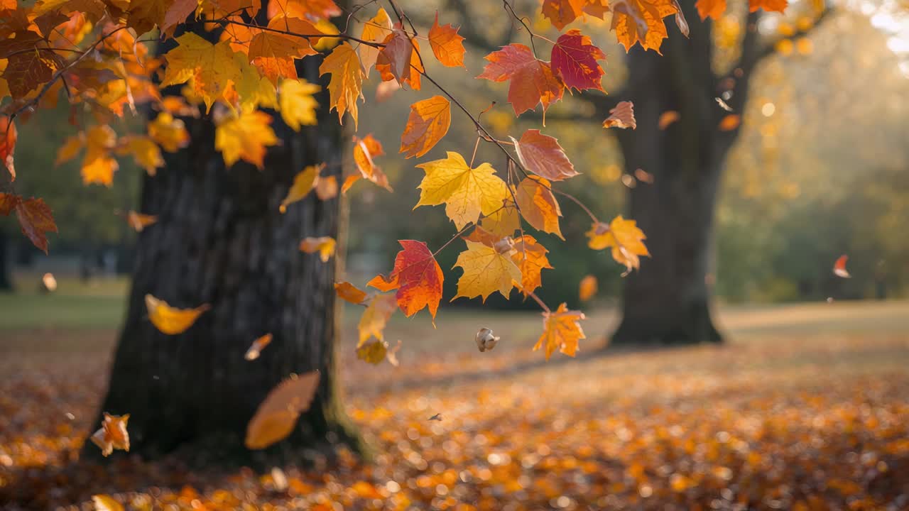 Swaying branch with gold leaves bending under breeze, shedding leaves in park, showing fall