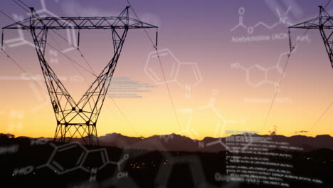 chemical structures with program codes and a background of transmission towers