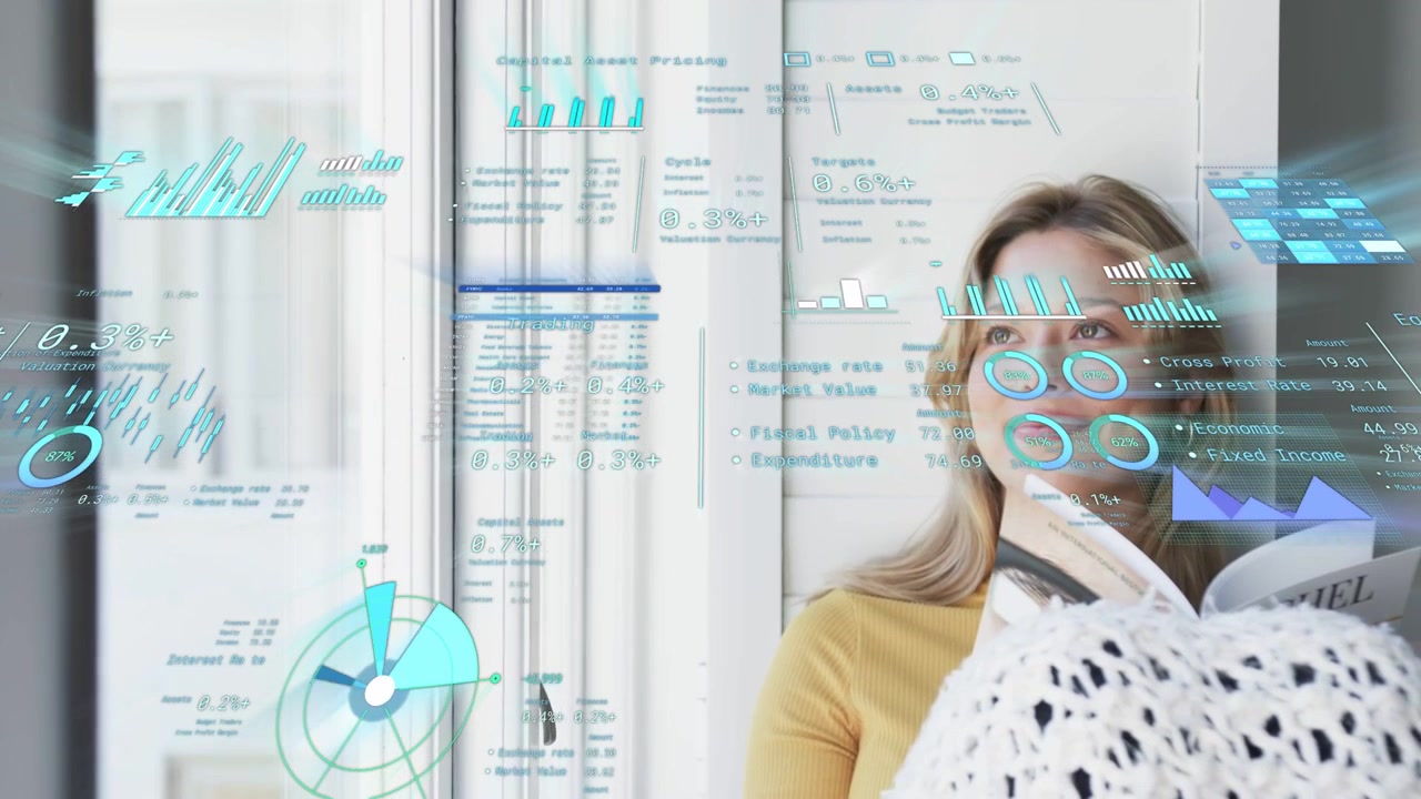 Vertical video: AR charts appearing, woman with book tracking drifting data and reflecting on tech