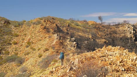 Hiker-walks-next-to-scorched-outback-landsacpe,-Central-Australia