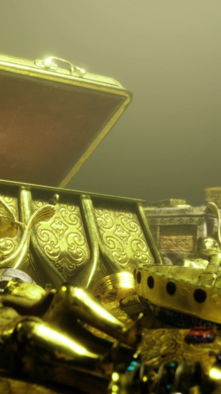 Scrigno del tesoro e manufatti d'oro trovati sott'acqua in un sito sottomarino.