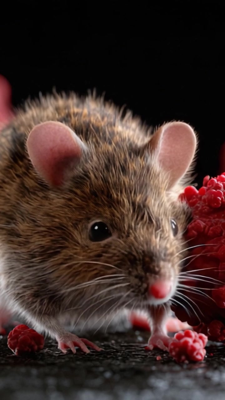 Primer plano cautivador de un ratón curioso explorando una colorida exhibición de frambuesas con un brillo travieso en sus ojos, resaltando perfectamente sus características únicas.