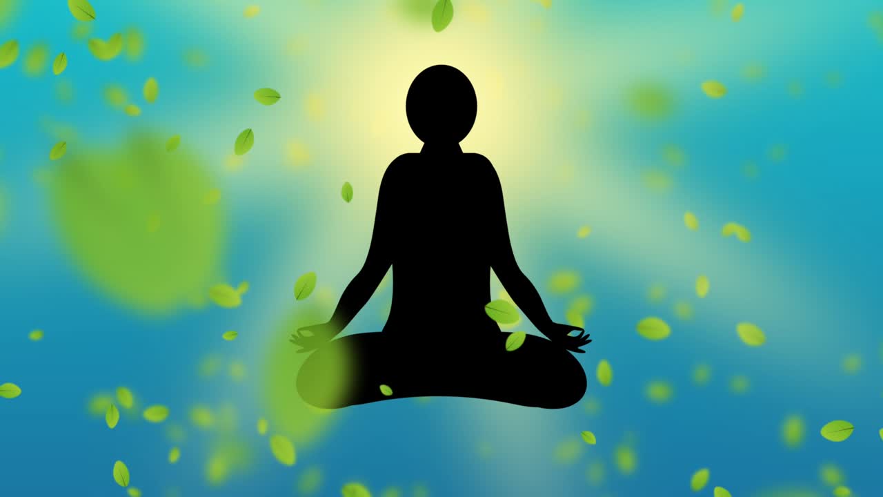 Yoga in floating leave and bright yellow light behind the head. Concept for yoga and healthcare.