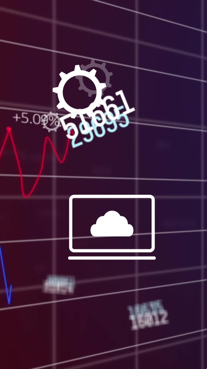 Animazione di icone e elaborazione di dati finanziari su griglia.