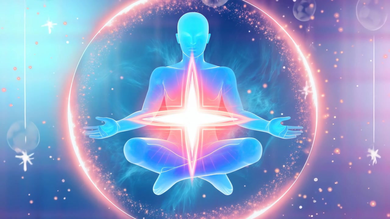 Figura umana luminosa che medita in posizione del loto con aura di energia cosmica