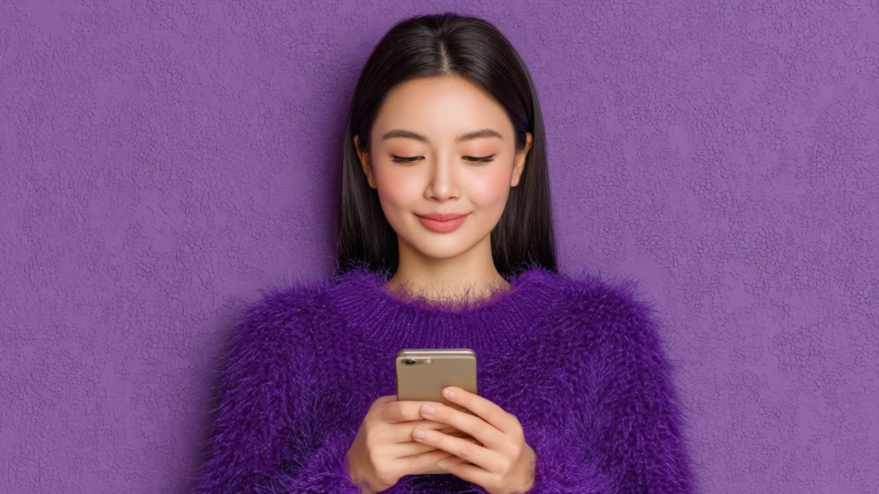 A Young Woman in a Stylish Purple Sweater Smiling at Her Smartphone Against a Textured Purple Background, Capturing a Moment of Joyful Connection