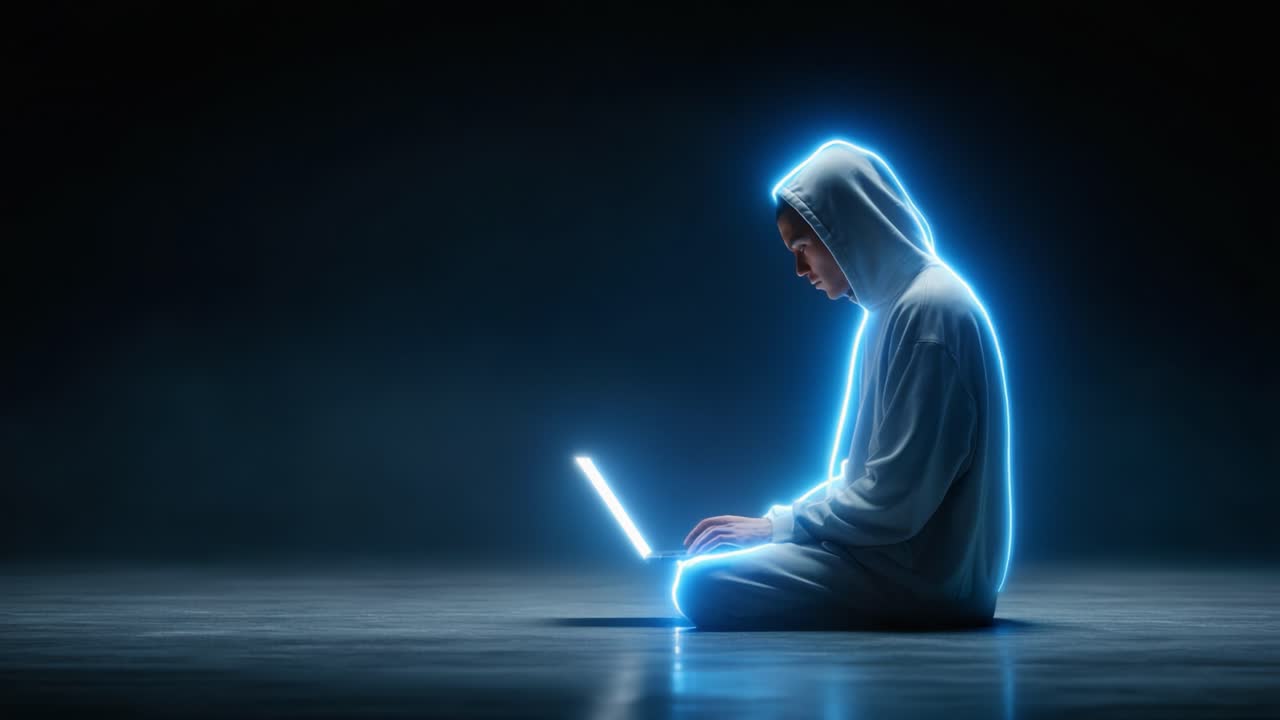 A solitary figure immersed in technology, showcasing the profound interaction between human contemplation and digital creativity, illuminated by the glow of a laptop, framed in a dark ambiance