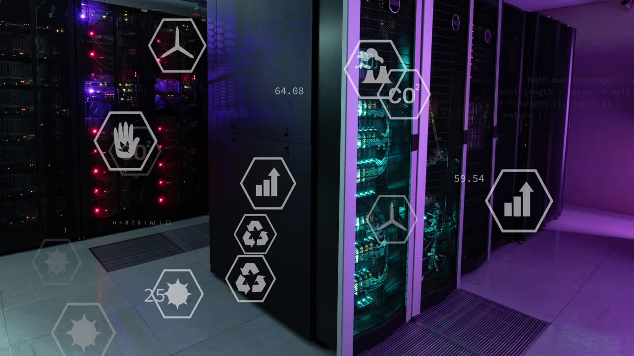 animación de múltiples iconos digitales y procesamiento de datos contra la sala de servidores de computadoras.