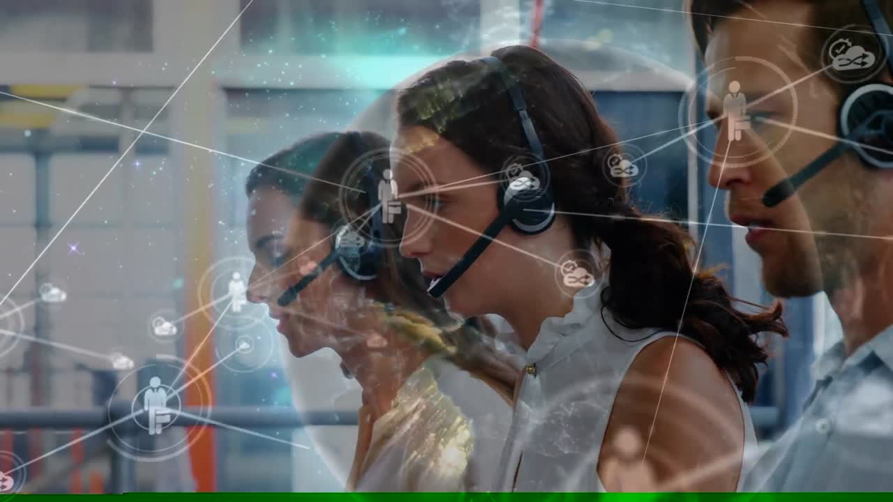 전화 헤드 ⁇ 을 사용하는 비즈니스 사람들을 통해 연결 네트워크의 애니메이션