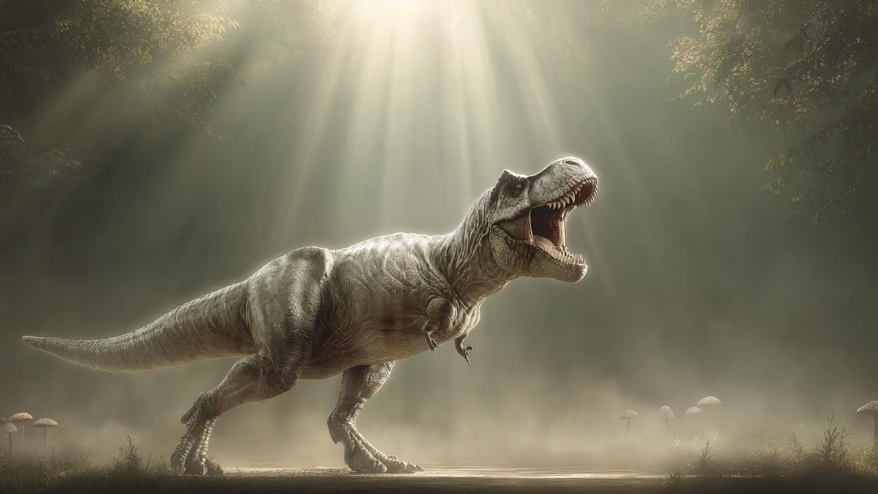 Maestoso Tyrannosaurus Rex in una Foresta Illuminata dal Sole: Ammira la Presenza Imponente di Questo Dinosauro Iconico Tra i Raggi di Luce Mistici che Filtrano Attraverso la Volta Arborea.