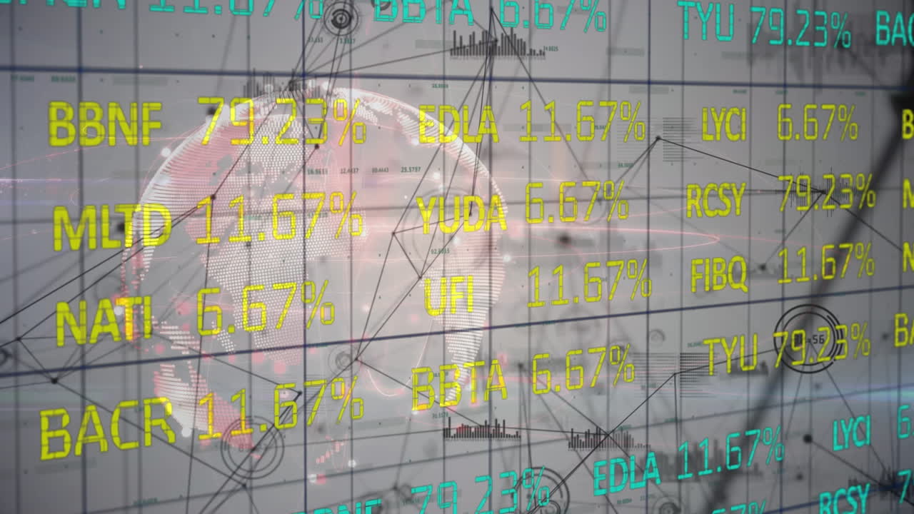 연결 네트워크의 애니메이션 금융 데이터 주식 시장 화면에 세계