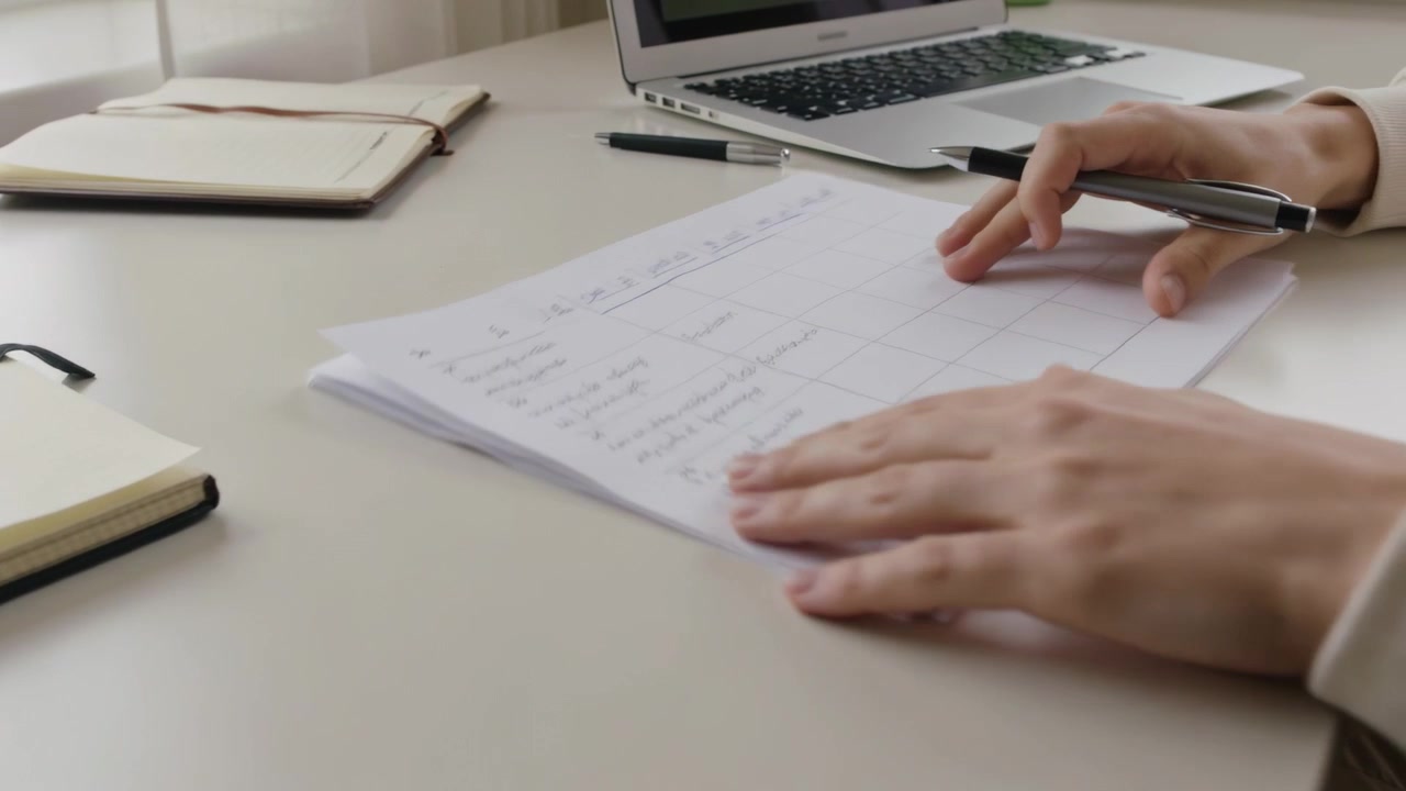 Una persona che scrive, indossando un top chiaro, con la penna che tocca la carta alla scrivania vicino alla finestra, sistemando i documenti per la revisione.