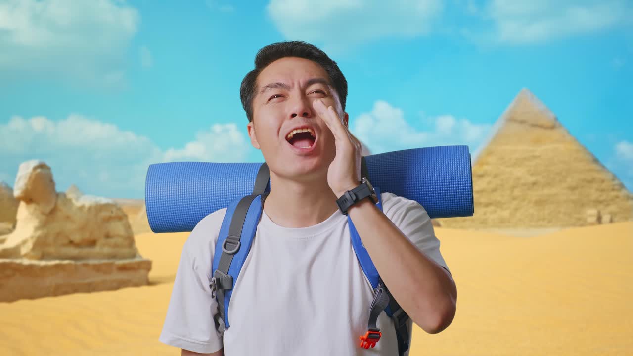 Excited Tourist Shouting in the Egyptian Desert