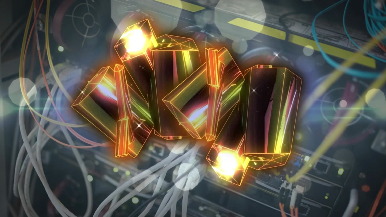 Particle spark appearing, gold blocks growing, spinning, flashing, showing network data behind rack