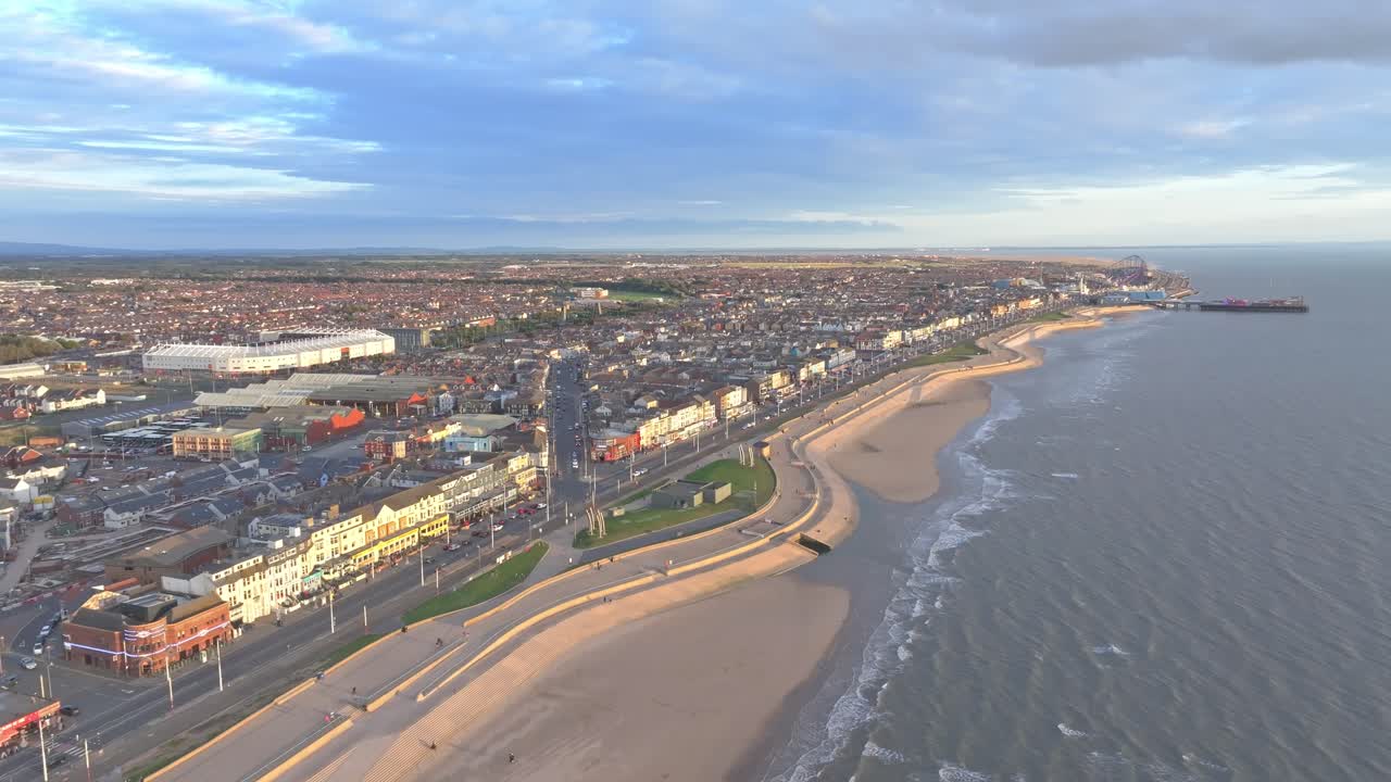 Aerial of Blackpool settlement and seashore resort town in Lancashire, England