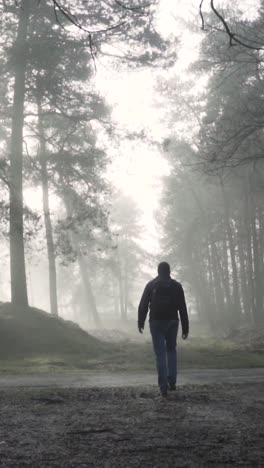 man walking in a foggy forest