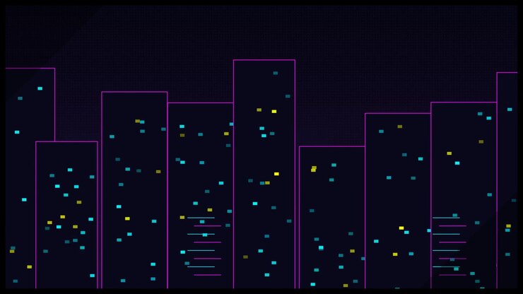 Abstract Digital Cityscape Animation with Glowing Neon Windows