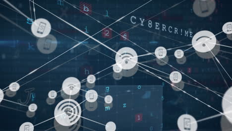 animation of network of digital icons, cyber security data processing over male hacker using laptop