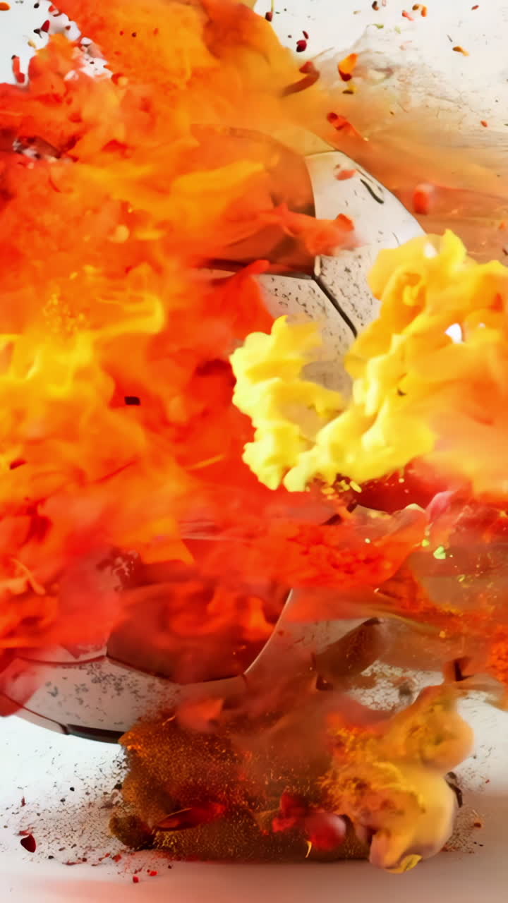 A soccer ball is surrounded by fire and smoke. The ball is white and blue with black and white stripes