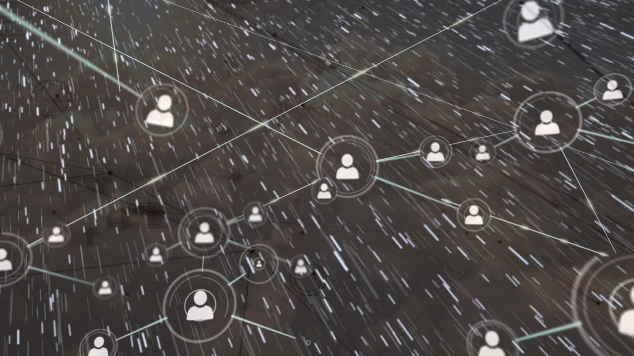 animación de la red de conexiones con las personas iconos sobre la nieve que cae sobre fondo gris
