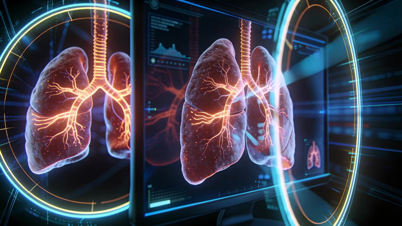 Rotating HUD ring revealing 3D lung model on medical panel, showing charts for diagnosis