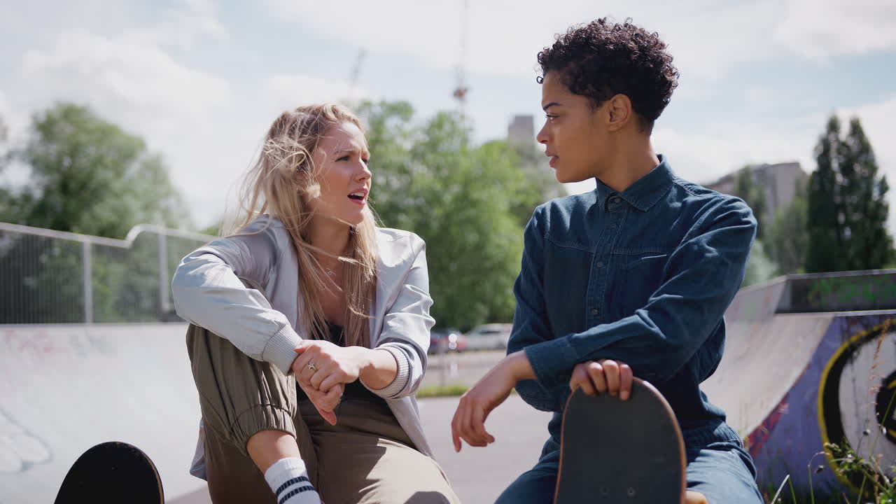 dos amigas hablando y riendo en el parque de skate urbano