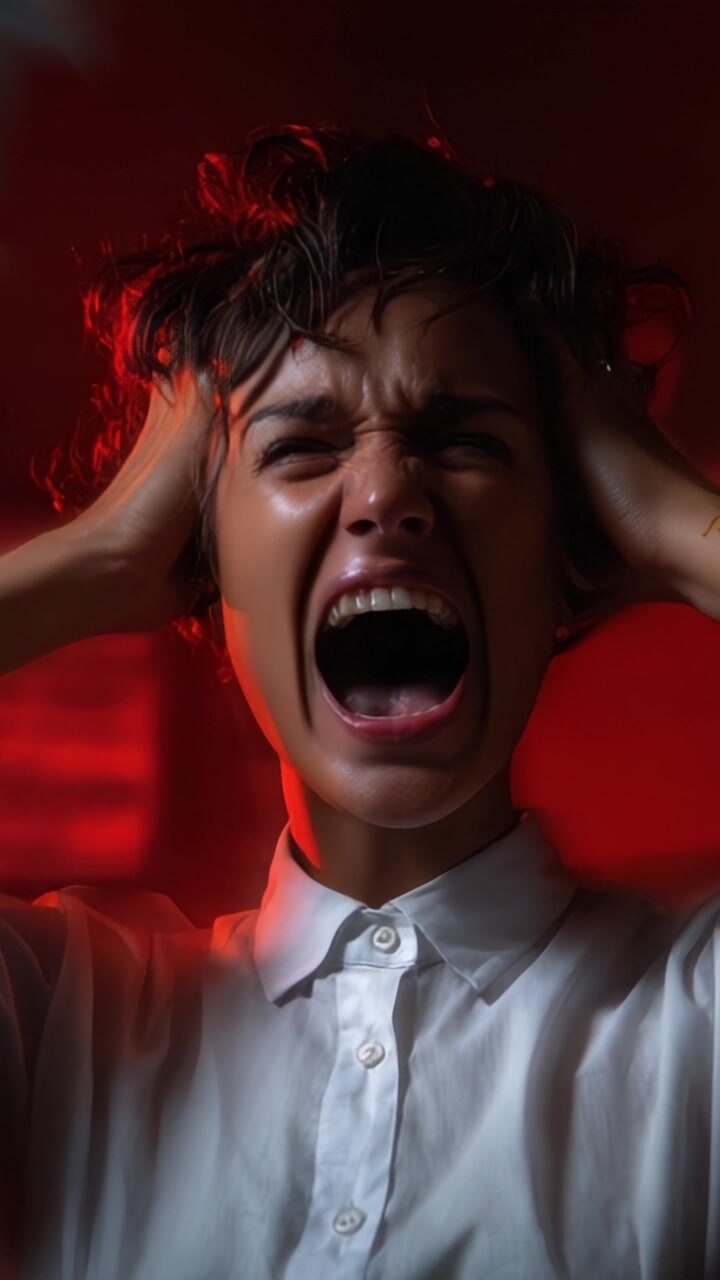 Esplosione emotiva: un ritratto accattivante di angoscia e disperazione catturato in sorprendenti tonalità di rosso, evidenziando l'emozione umana pura e la vulnerabilità in un momento di crisi.