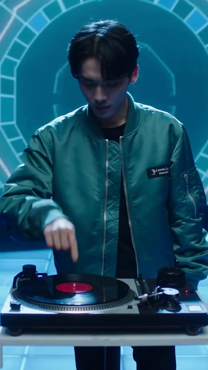 Video verticale: DJ con giacca color verde acqua che posiziona il dito e mette a punto un vinile rosso sul piatto in studio, preparando il set.