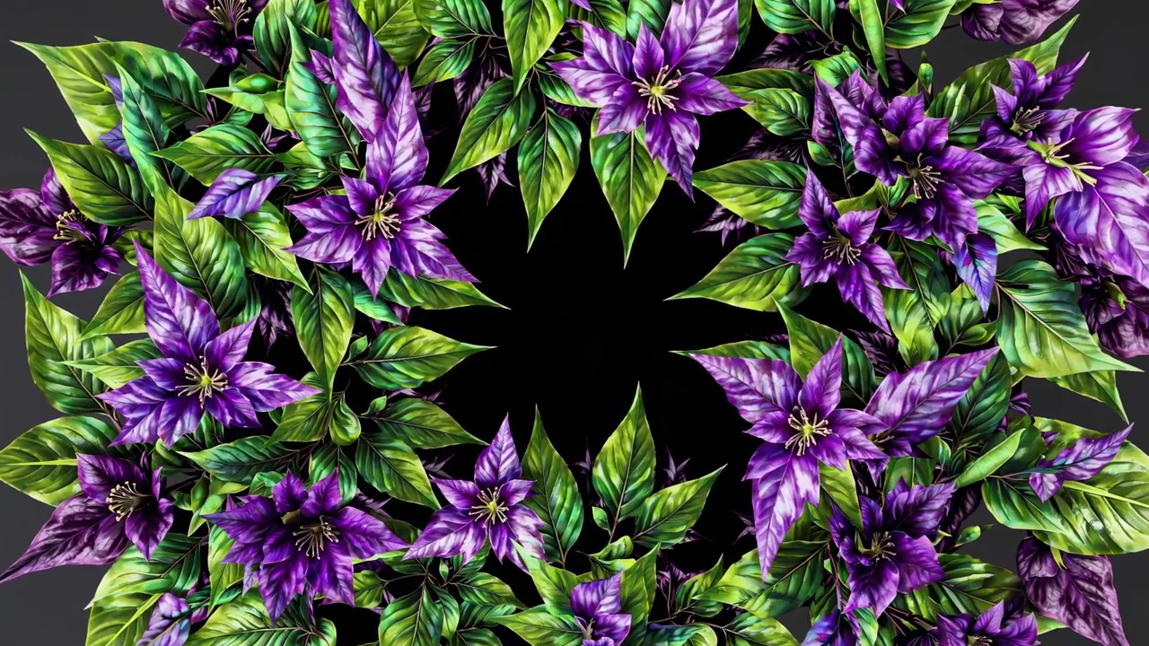 Vibrant Purple Flowers and Green Leaves Expanding in a Decorative Wreath